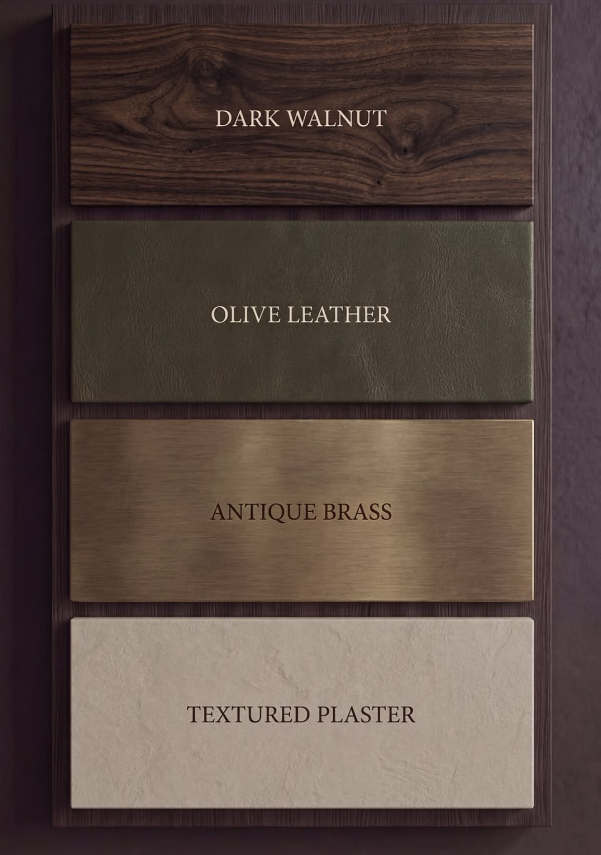 Material samples in dark walnut, olive, antique brass and textured plaster
